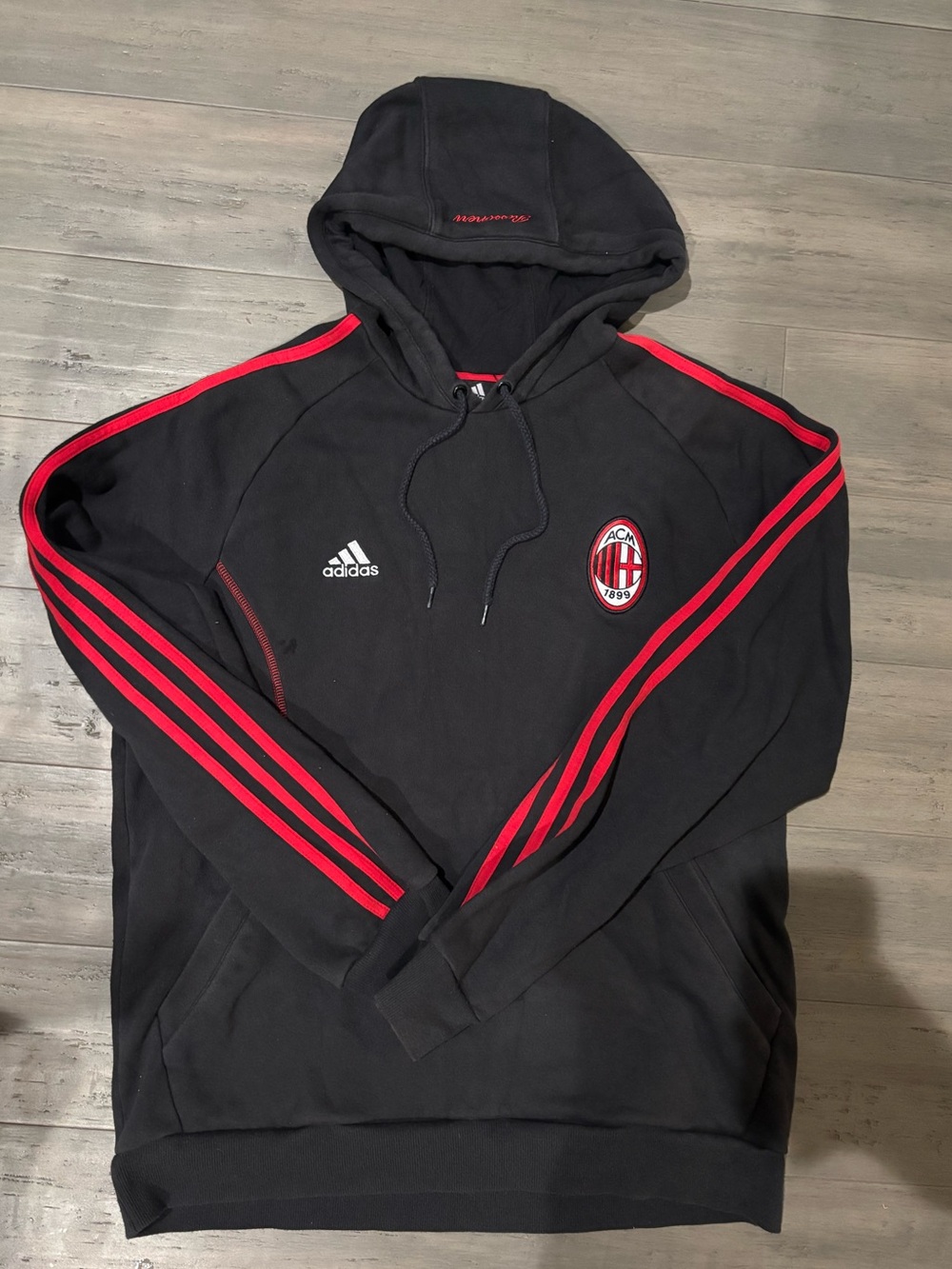 adidas Black Hoodie with Red Stripe AC Milan Crest